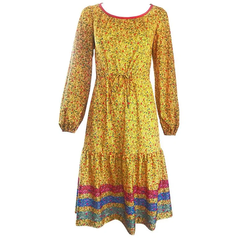 Seasonal Sale VINTAGE Circa 1970s Yellow Flower Print Striped Prairie Dress