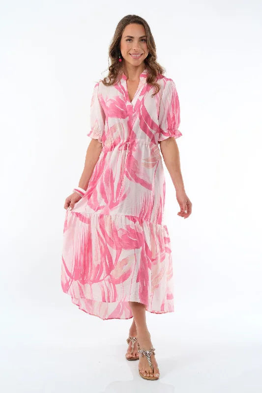 Major Savings LIOR Women's Long Pink Dress Short Sleeve Ruffles - "Alma"