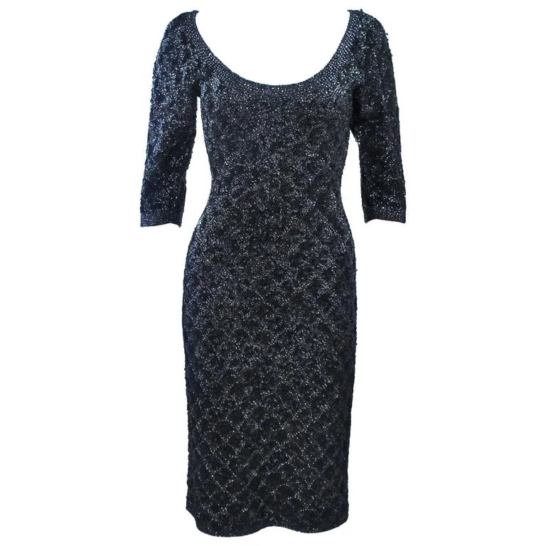 Friends and Family Sale SYDNEY'S Circa 1960s Black Beaded Metallic Cocktail Dress 4-6