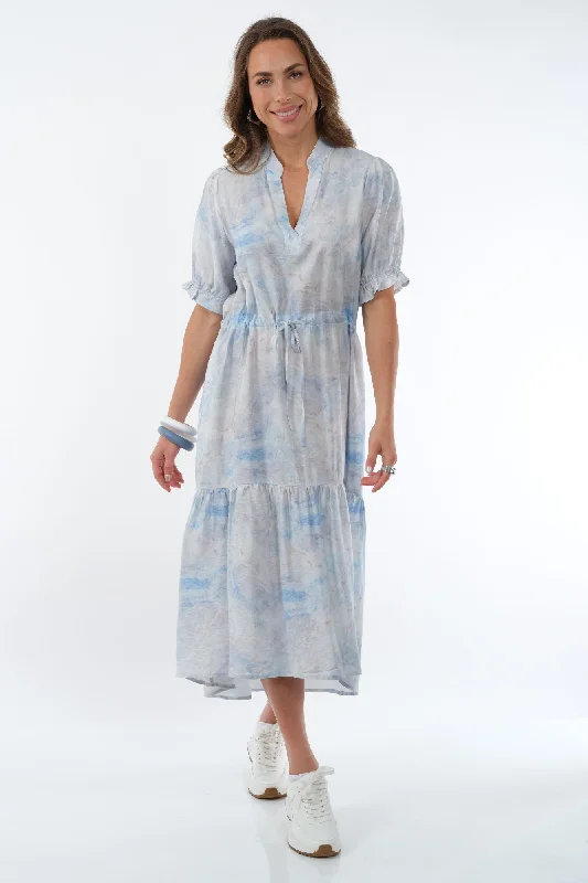 Lowest Price LIOR Women's Long Soft Blue Dress With Short Ruffle Sleeves - "Alma"