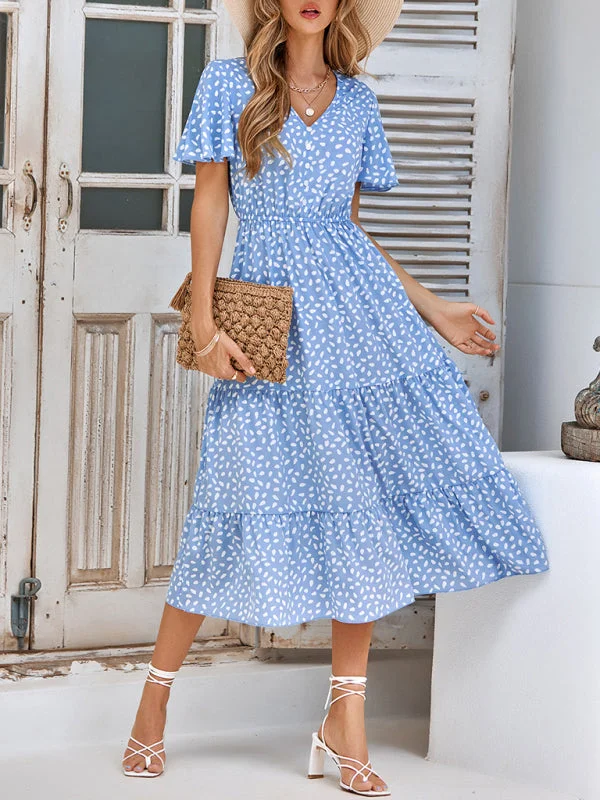 Massive Deals Women's V-Neck Lotus Leaf Print Layered Dress