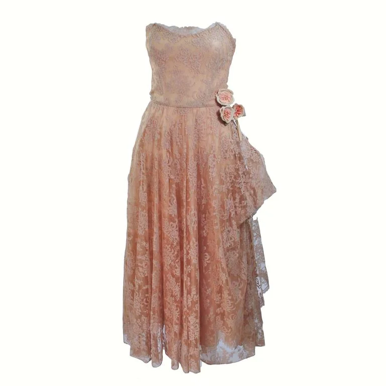 Best Bargains CEIL CHAPMAN 1950s Nude Lace Strapless Cocktail Dress Size 4