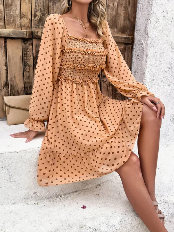 Get It Before It’s Gone Women's Elegant Cuffed Sleeve Ruched Polka Dot Flowy Dress