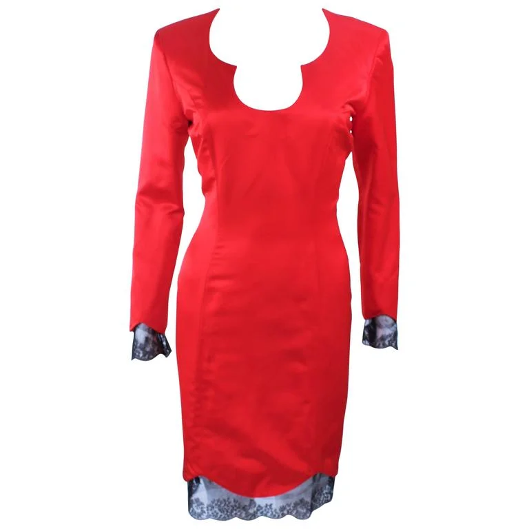 Overstock Sale FRED HAYMAN Red Silk Cocktail Dress with Lace Trim Size 8