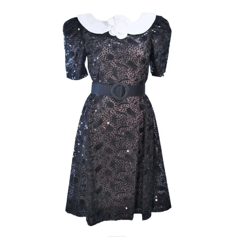 Limited Availability ARNOLD SCAASI Belle De Jour Black Sequin Lace Cocktail Dress Size 10