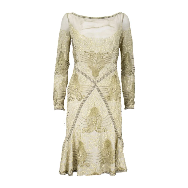 Price Blitz EAVIS & BROWN 1990s Gold Beaded Silk Chiffon Cocktail Dress