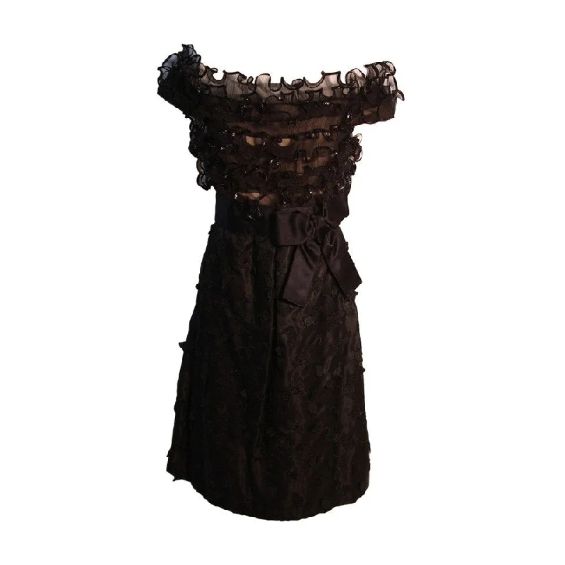New Arrival ARNOLD SCAASI Black Ruffled Silk Cocktail Dress with Bow Size 10
