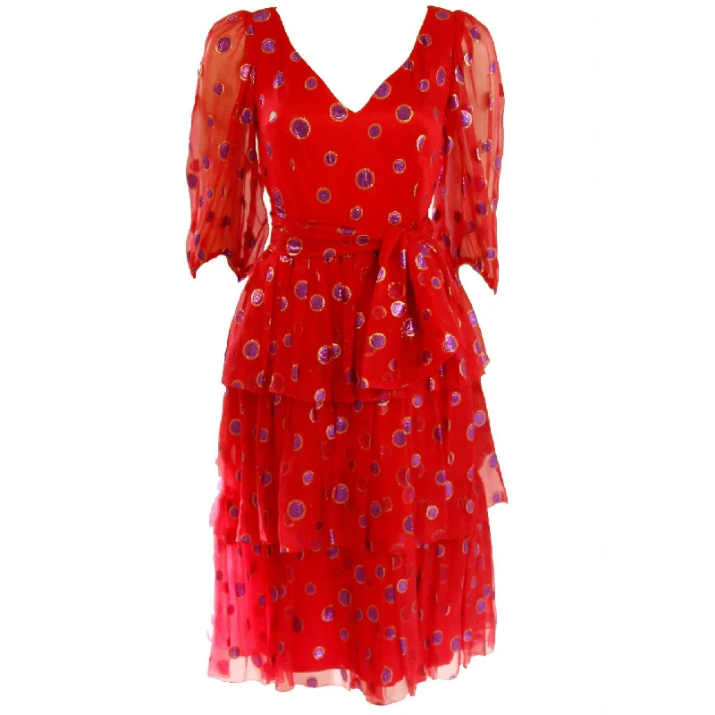 Big Savings VINTAGE Circa 1970s Red Silk Tired Dress, Purple Metallic Accents