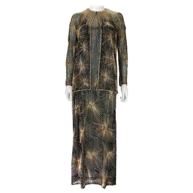 Deal of the Day HALSTON 1970s Black Evening Dress  & Jacket with Beaded Fireworks