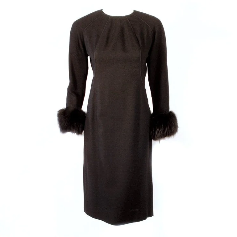 New Arrival DON LOPER Black Long Sleeve Wool Dress, Side Slit, and Fur Cuffs Size 6