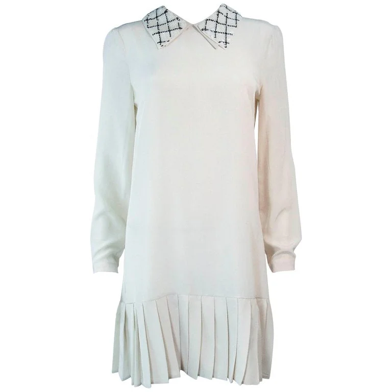 Super Deal PRADA Cream Silk Sequin Collar Pleated Dress Size 24