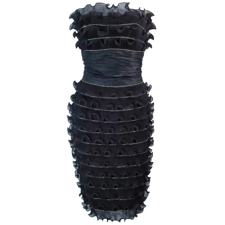 Best Seller JIKI Monte Carlo Creation Black Pleated Ruffle Cocktail Dress Size 38