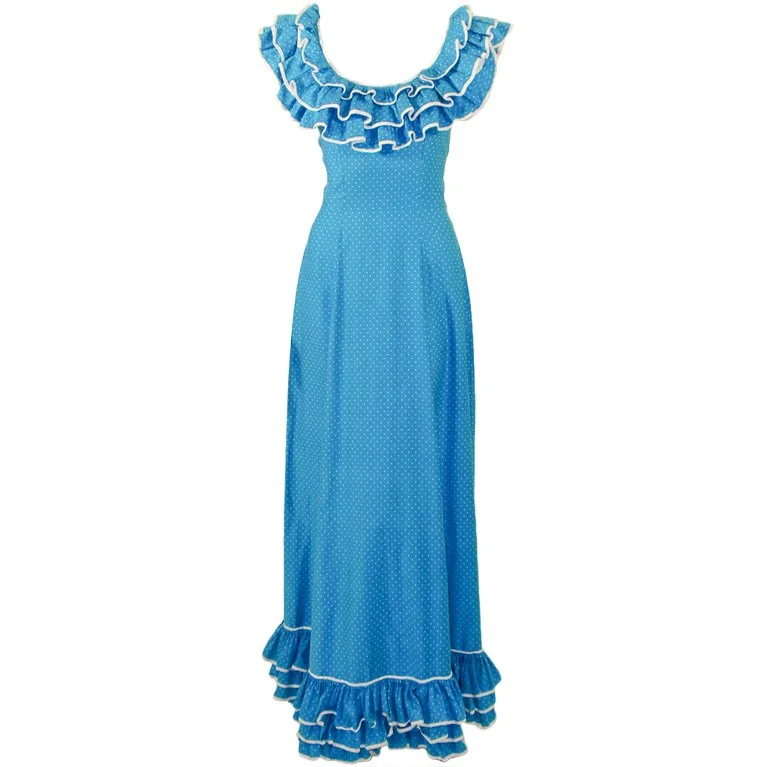 Limited Quantity YVES SAINT LAURENT Blue White Polka Dot Ruffle Gown 4