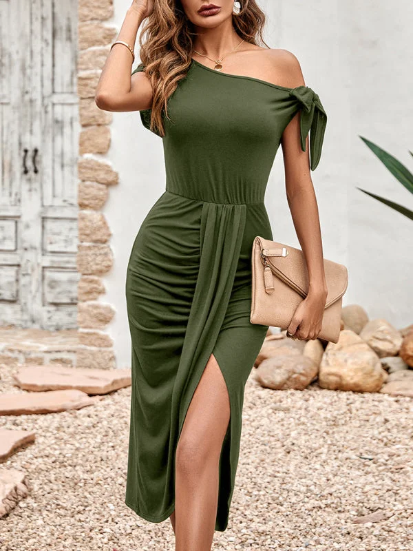 Price Meltdown Women's Solid Colour Casual Slanted Neck Dress