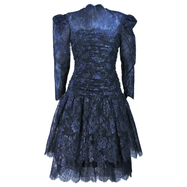 Hot Deal ARNOLD SCAASI Navy Metallic Lace Cocktail Dress Size 8-10