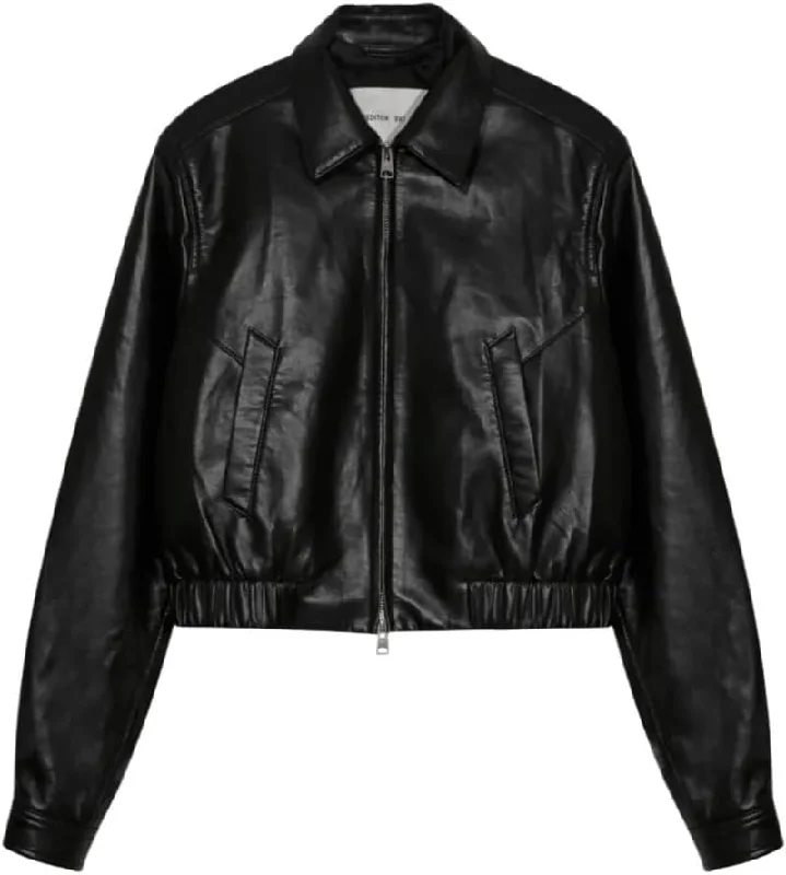 Deal Dash AGOLDE Women's Essie Recycled Leather Cropped Jacket, Black