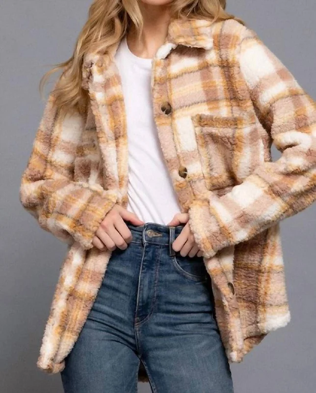 Act Fast Annika Oversized Plaid Faux Fur Shacket In Mustard