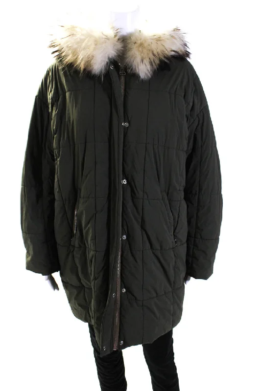 Special Price Army Yves Salomon Womens Fur Trim Hooded Longline Puffer Coat Green