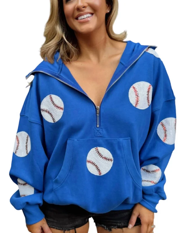 Special Offer Baseball Blue Sequin Drawstring Quarter-Zip Pullover