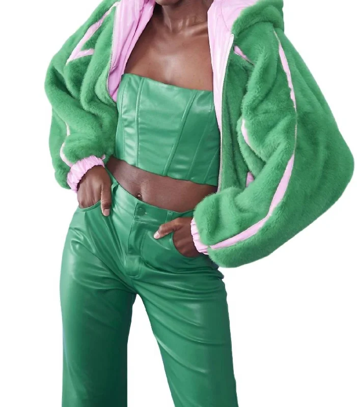 Season Finale Sale Faux Fur And Eco Leather Reversible Bomber Jacket In Green/pink