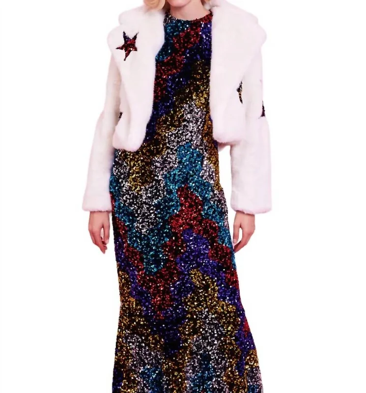 Super Bargain Faux Fur Sequins Star Jacket In White