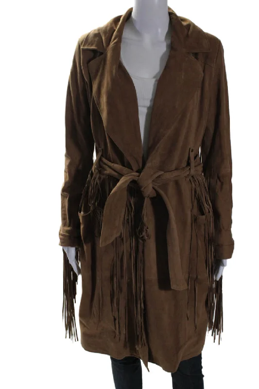 Final Clearance Fiocchi Womens Suede Fringe Trim Open Front Belted Jacket Brown