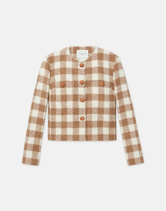 Deal Mania Gingham Wool Collarless Buttoned Jacket