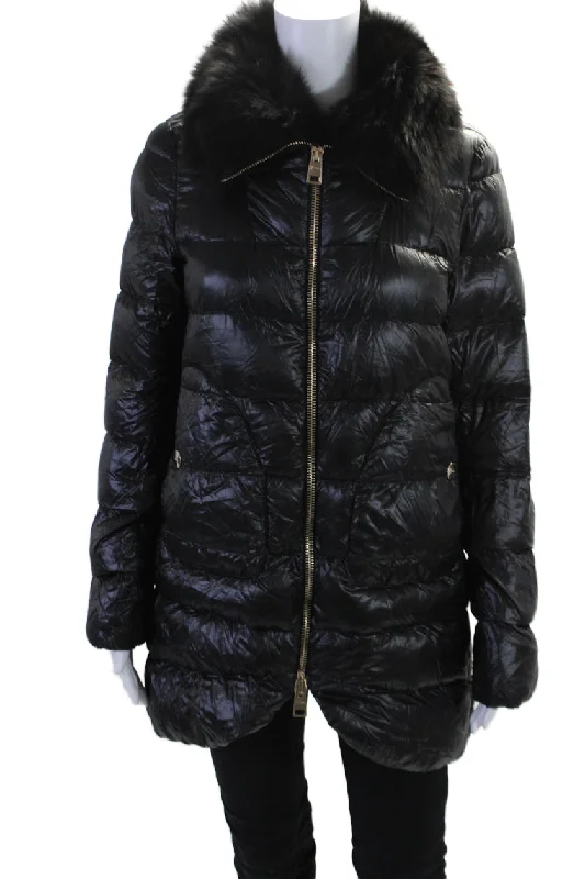 Amazing Deals Herno Womens Fox Fur Trim Full Zipper Hooded Puffer Coat Black