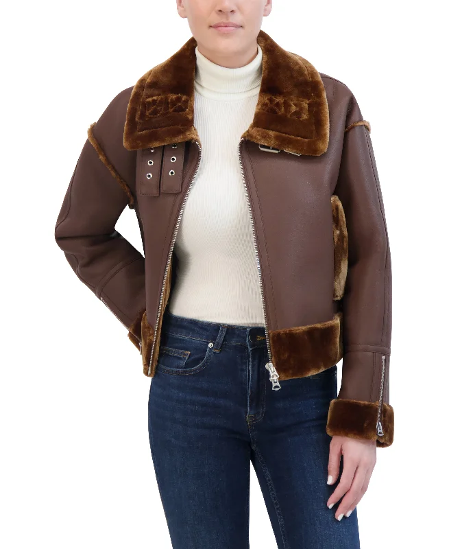 Early Access Hudson Jeans Women's Cropped Faux Leather Shearling Aviator Jacket