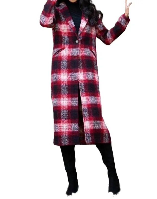 Loyalty Reward Longline Plaid Coat In Red Plaid