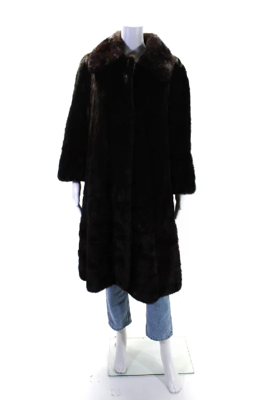 Crazy Savings Minerva by Evans Womens Mink Fur Buttoned Collared Long Sleeve Coat Brown
