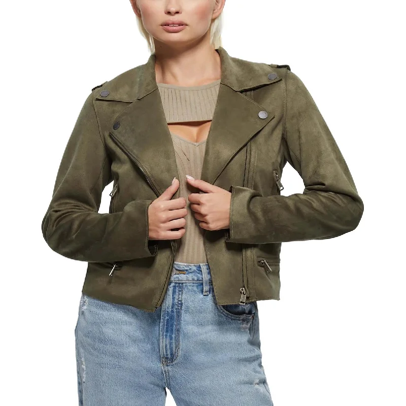 Online Only Monica Womens Faux Leather Raw Hem Motorcycle Jacket