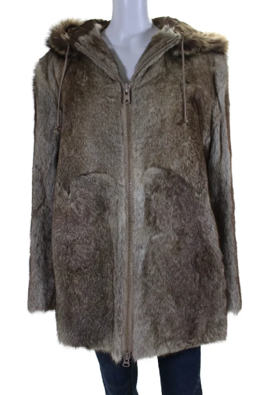 Early Access Patchin Furs Womens Brown Fox Fur Hooded Full Zip Long Sleeve Jacket