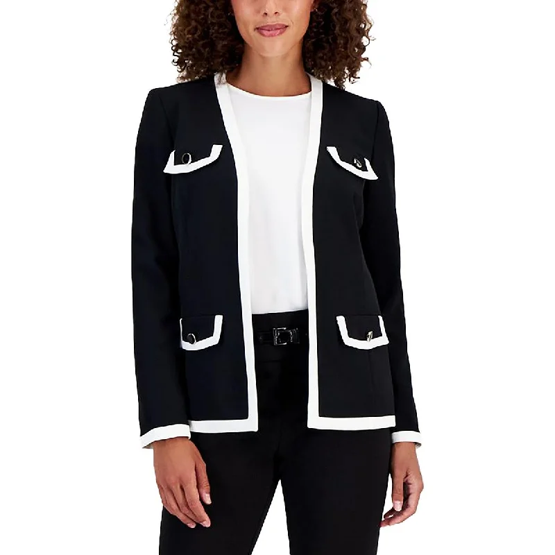 Crazy Deals Petites Womens Contrast Trim Collarless Open Front