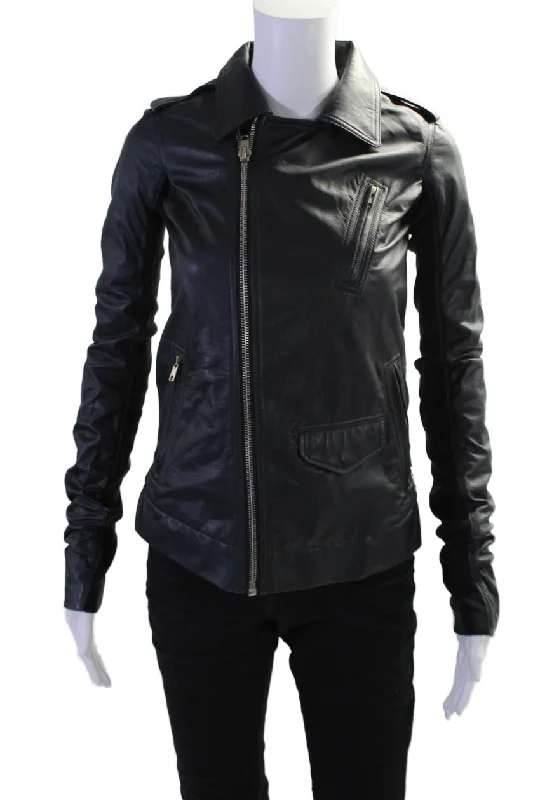 Deal of the Week Rick Owens Womens Black Leather Full Zip Long Sleeve Motorcycle Jacket