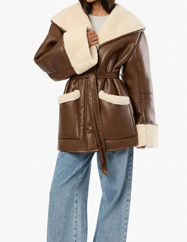 Amazing Deals Vegan Leather Bonded Faux Fur Jacket In Brown