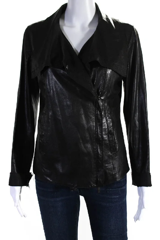 Epic Deals Vince Womens Leather Collared Asymmetrical Zip Up Jacket Coat Black