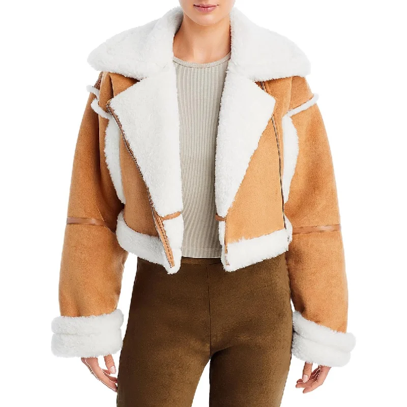 Discount Mania Womens Faux Fur Trim Crop Motorcycle Jacket
