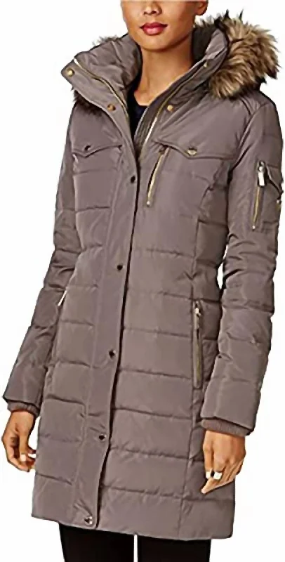 Massive Deals Women's Flannel Down 3/4 Puffer Coat With Faux Fur And Hood In Gray