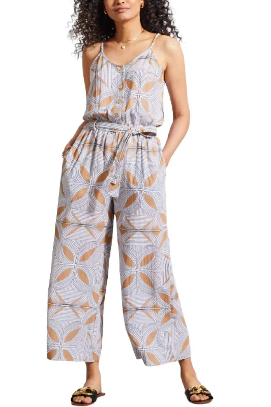 Super Deal Button Front Jumpsuit In Carmel Color/print