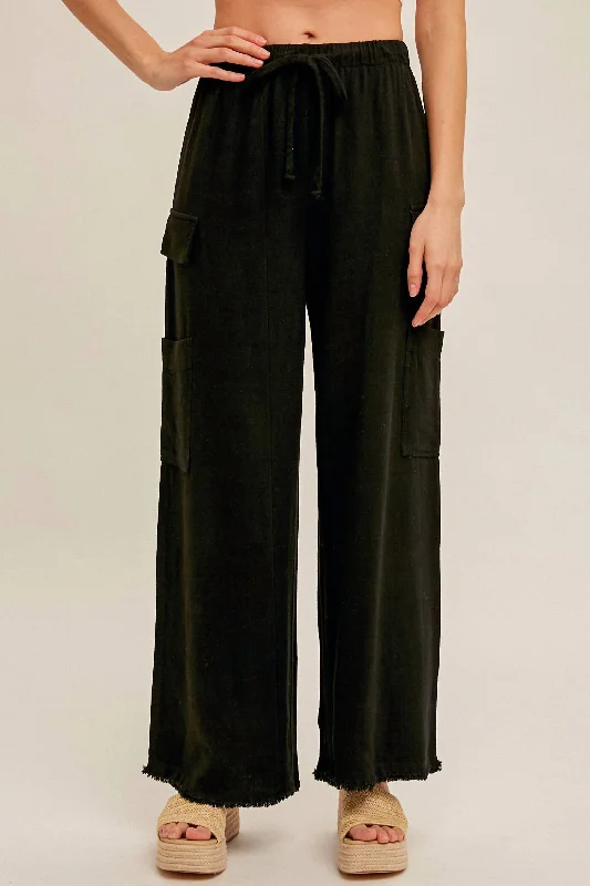 Price Smash Cargo Linen Pants In Black