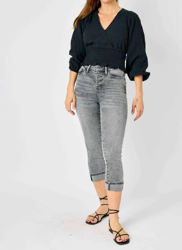 Factory Direct Sale High Waist Cuff Button Fly Capri In Grey