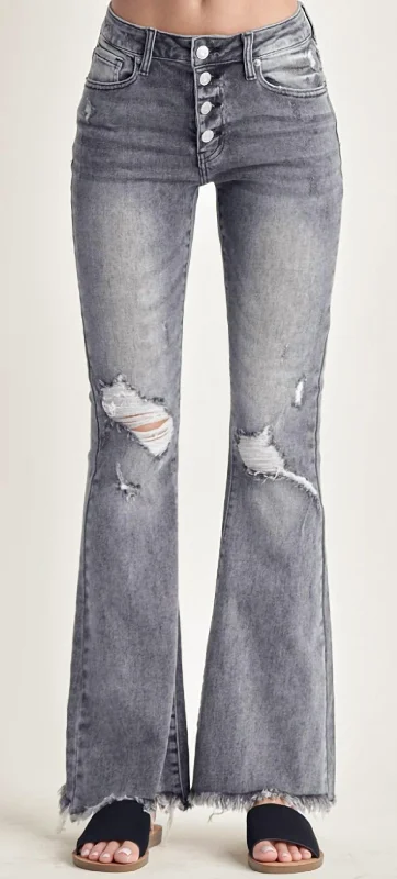 Bargain Bin Mid Rise Button Flare Jeans In Grey