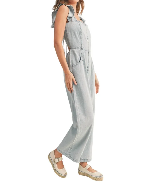 Take Advantage Miranda Ruffled Sleeve Denim Jumpsuit