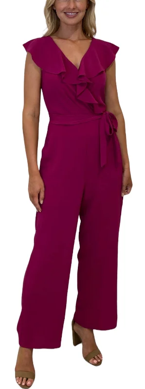 Members Only Ruffle Wrap Jumpsuit With Sash In Fuschia