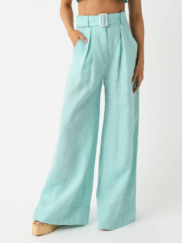 Factory Direct Sale Wide Leg Pleated Pant In Seafoam Melange Linen