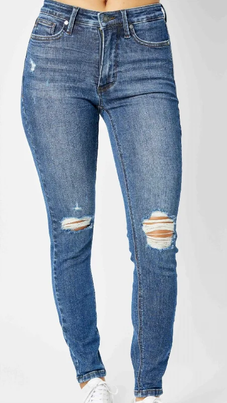Price Blitz Women's Tummy Control Destroy Skinny Jeans In Dark Wash
