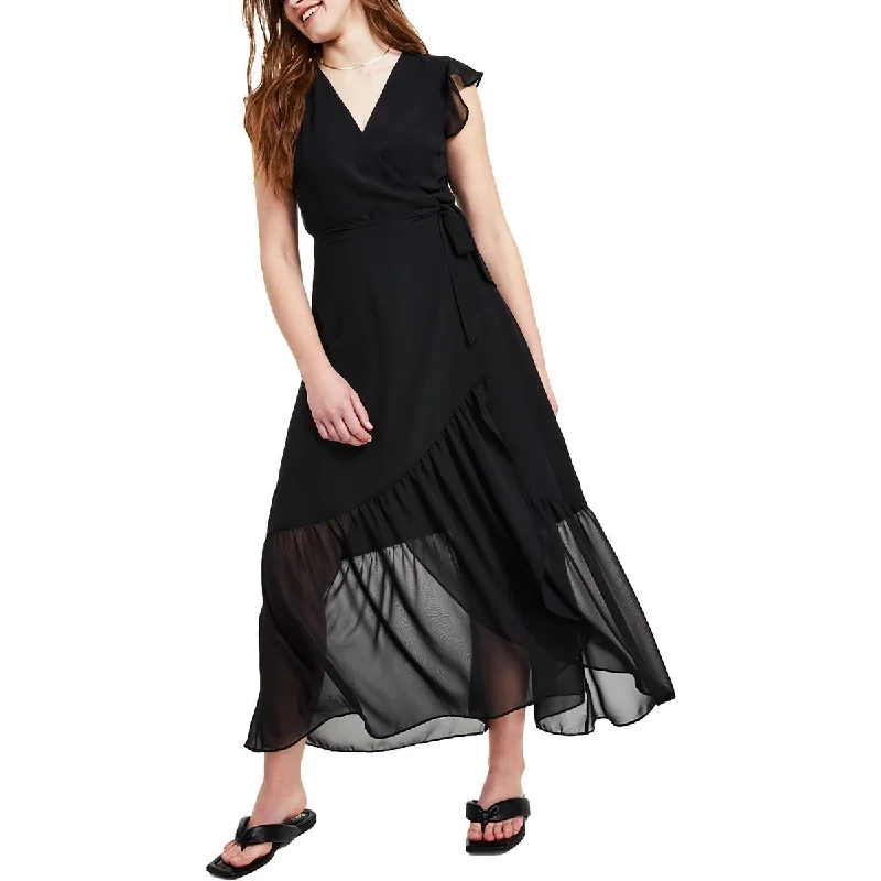 Bar III Womens Petites Wrap Ruffle Sleeves Maxi Dress