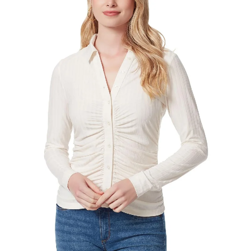 Midnight Madness Jessica Simpson Womens Shadow Stripe Ruched Button-Down Top