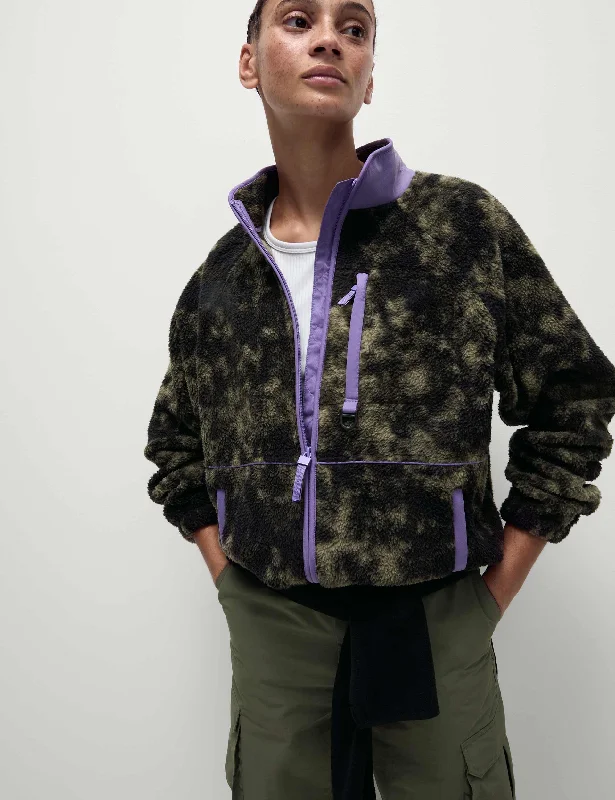 Discount Mania Borg Zip Up Printed Funnel Neck Fleece Jacket - Khaki Mix